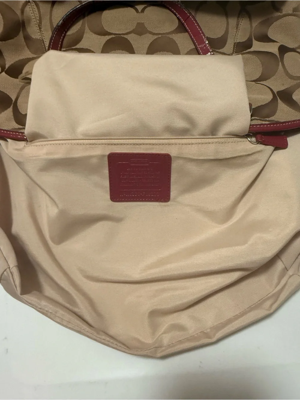 Coach Beige Signature Canvas Shoulder Bag with Red Trim